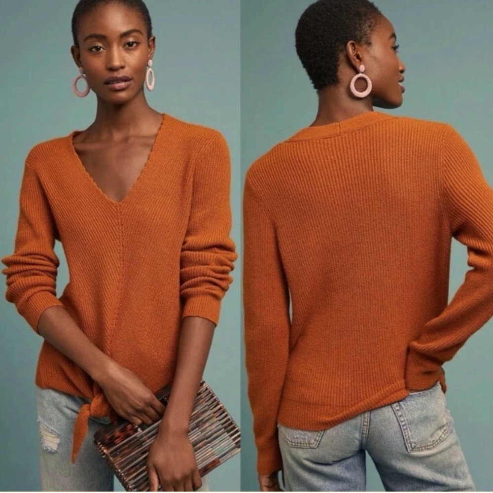 Anthropologie Size L Burnt Orange Ribbed Tie V Neck Sweater